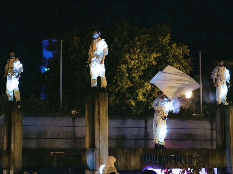 yamakasi acrobats Paris, stilt jumpers corporate event, moon themed corporate event, parkour performers Paris, immersive roaming entertainment, corporate event Paris, lunar themed entertainment, stilt walkers Paris, acrobatic performers corporate, entertainment agency Paris