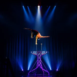 spinning equilibrist, hand balancing act, contortion performance, acrobatic show, female circus artist