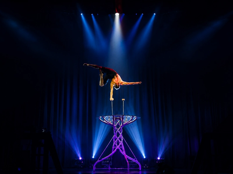 spinning equilibrist, hand balancing act, contortion performance, acrobatic show, female circus artist