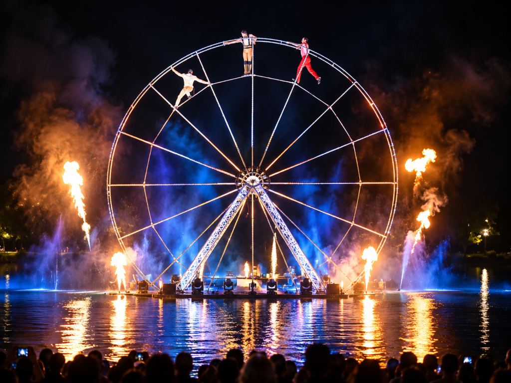 water show, aquatic show, giant wheel show, water circus, outdoor water show, waterfront entertainment, contemporary circus show, floating show, fire and water show, large scale outdoor performance