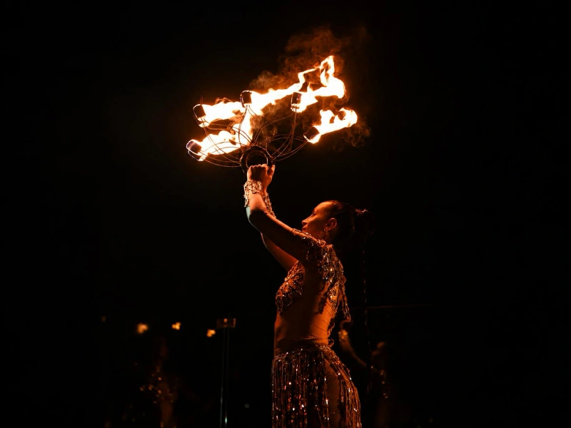 fire performers Cannes, fire juggling show, fire dancers French Riviera, pyrotechnic finale, luxury brand event entertainment, private villa event Cannes, VIP and press event entertainment, influencer event French Riviera